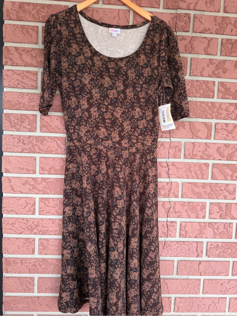 LuLaRoe Brown Floral Scoop Neck Midi Dress with Rust Flowers
